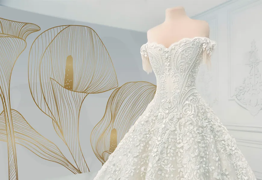 کاغذ دیواری سه بعدی مزون عروس طرح زنبق طلایی